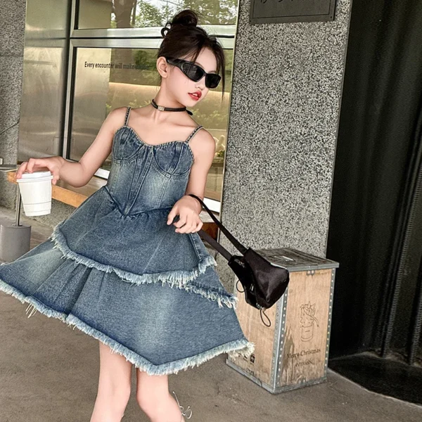 Teen Girls Denim Dresses Summer Sleeveless One-Piece Clothes Kids Jumpsuit Overalls Solid Color Dress Fashion Children's Costume - Image 4