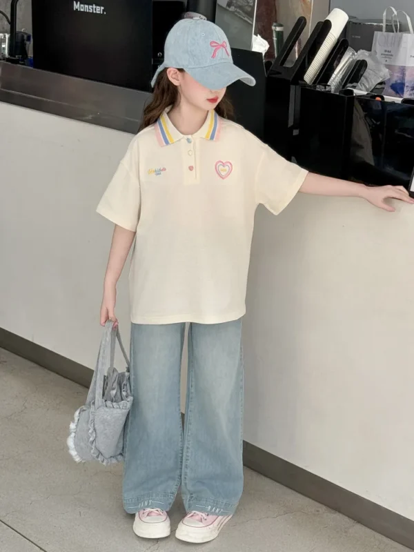 Girls' Summer Set, Short Sleeve Denim Pants 2-piece Set, POLO Shirt, Suitable for Teen Daily Wear, Children's Summer Clothing - Image 3