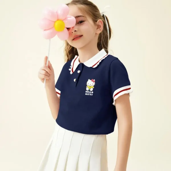 Kawaii Sanrio Hello Kitty Girls Polo Shirt Summer Cartoon 3-14Y Short Sleeve Fashion Breathable T-Shirt Child Sweatshirt Tops