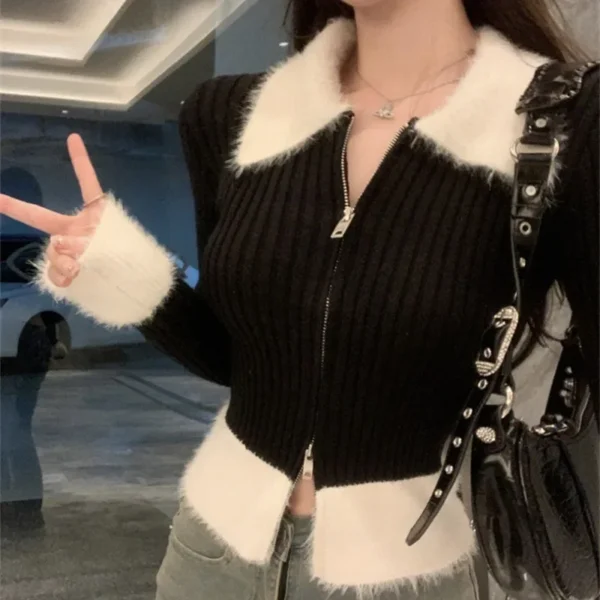 Vintage Fashion Zipper Fake Fur Callar Knitted Cardigans Solid Slim Long Sleeve Cropped Tops Y2K Sweet Jackets E-girl Streetwear - Image 2
