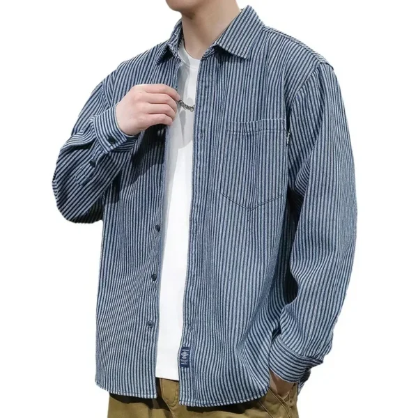 Spring Autumn Striped Shirt Men's Non Ironing Long Sleeve Shirt Casual Loose Denim Jacket Elegant Social Shirts for Men Korean - Image 5