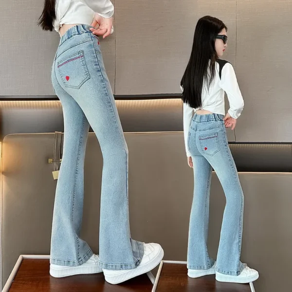 Fashion Jeans for Girls with Heart pocket New Arrvial Kids Vintage Tight Denim Flare Pants Spring Autumn Teenage Slim Trousers - Image 4