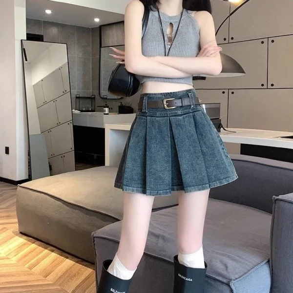 New design sense short skirt denim half skirt women's high waist versatile slim fit A-line skirt - with belt summer new - Image 5