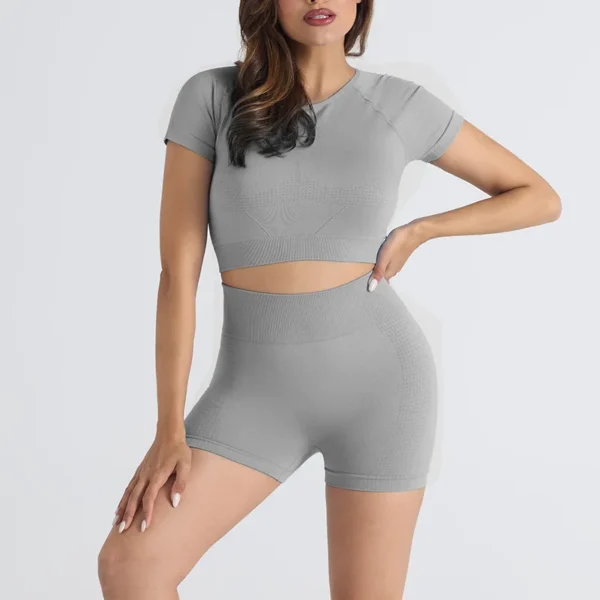 Mileegirl Women Yoga Sets Seamless Sports Crop Top Short Sleeves High Waist Gym Shorts Tight Fit Fitness Shirts Workout Vest - Image 3