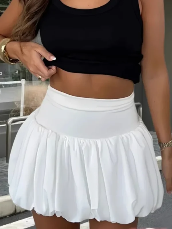 Women's Y2K Style Solid Color All-match Lantern Puffy Balloon Skirt Bubble Skirts Elastic Waist Pleated Ruffle A-Line Mini Skirt - Image 4
