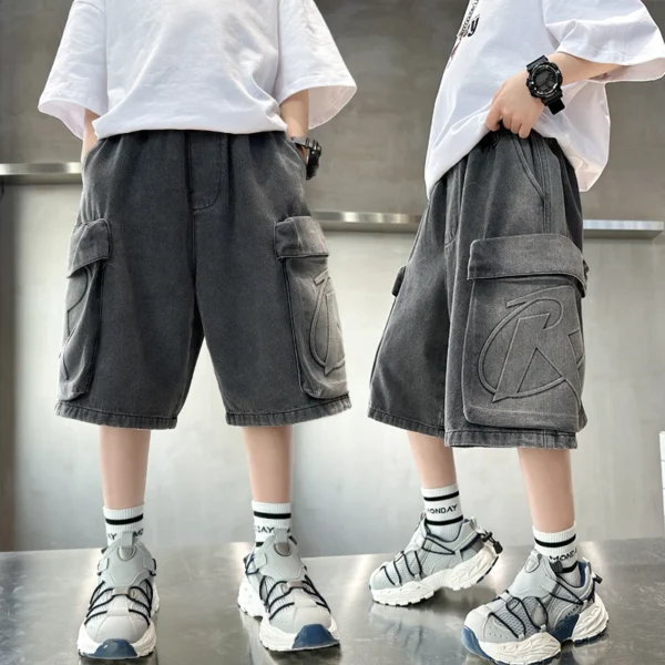 Loose Style Kids Child Summer Denim Cargo Shorts with Big Pocket For Teens Boy Knee Length Distressed Jeans Capris Pants 5-14 T