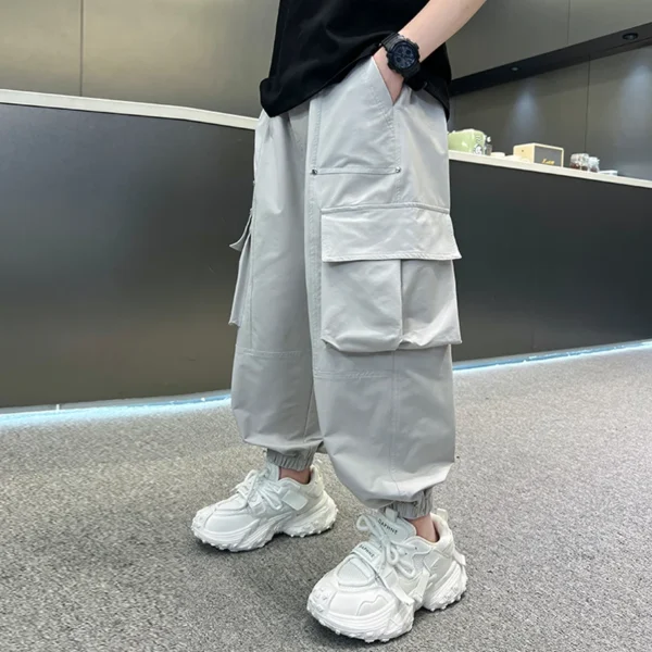 Kids Summer Design Thin Style Cotton Cargo Tapered Pants For Teen Boy Casual Pocket Jogger Trousers Child Solid Color Sweatpants - Image 2