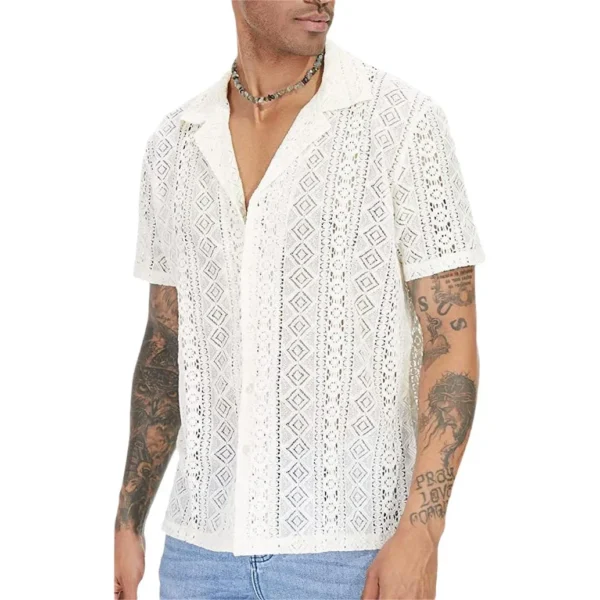 Fashionable New Men's Lace Short Sleeved Shirt with Floral Transparent Buttons Holiday Hollow Perspective Lining - Image 5