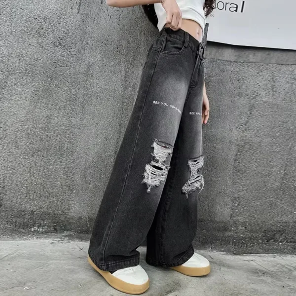 Fashion Girls Straight Fit Ripped Jeans With Hole Kids Destroyed Denim Trousers For Teens High Street Style Broken Jeans Wear - Image 3