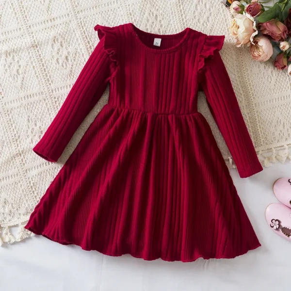 2024 New Girls Knitting Wool Long Sleeve Dress Korean Autumn Girls Baby Ruffle Knit Rib Princess Sweater Dress Casual Clothes