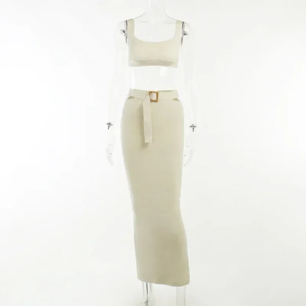 CPSYMYM Knit Ribbed Women Cutout Waist Midi Maxi Long Skirt Suit and Tank Top Street Matching Two 2 Piece Dress Sets Outfit - Image 3