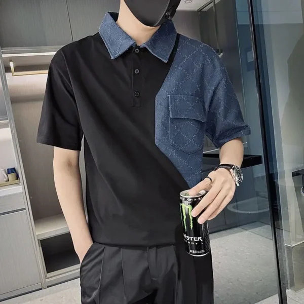 Men Clothing Korean Fashion Contrast Color Patchwork Polo Collar T Shirt Youth Summer Casual Short Sleeve Loose All Match Tops - Image 5