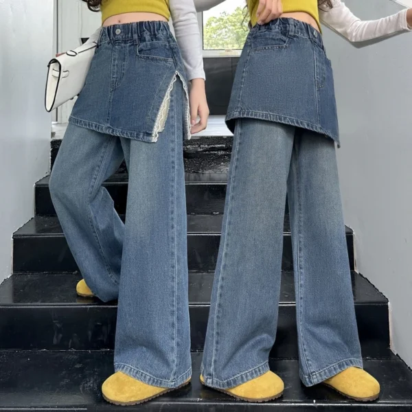 Girls' Wide-leg Denim Pants Vintage Slit Straight-leg Long Pants Suitable for Teens School, Casual, and Everyday Wear - Image 3