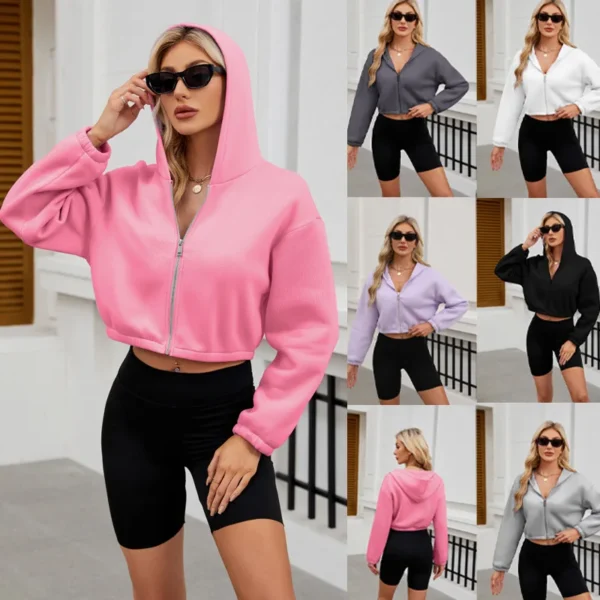 New Women's Sweatshirt Long-sleeved Hooded Short Version Fashionable Zipper Solid Color Sportswear Top Jacket for Women