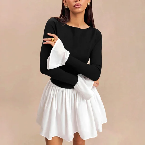 Women Autumn Short Dress Long Flared Sleeve Boat Neck Contrast Color Cocktail Dress - Image 2