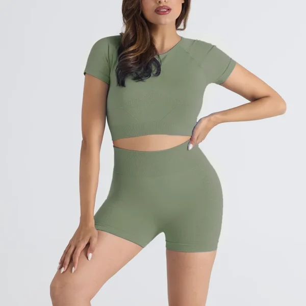 Mileegirl Women Yoga Sets Seamless Sports Crop Top Short Sleeves High Waist Gym Shorts Tight Fit Fitness Shirts Workout Vest - Image 4