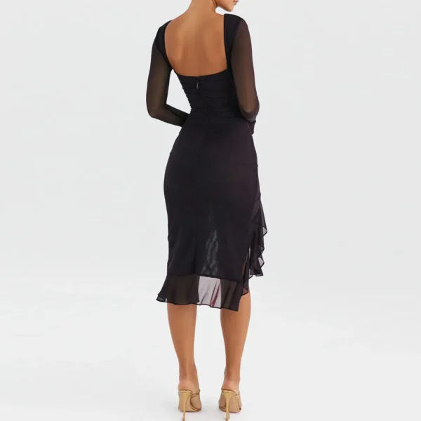 Fashion Women Midi Bodycon Dress Solid Color Ruffles Long Sleeve Dress Spring Backless Party Cocktail Dress Streetwear Summer - Image 2