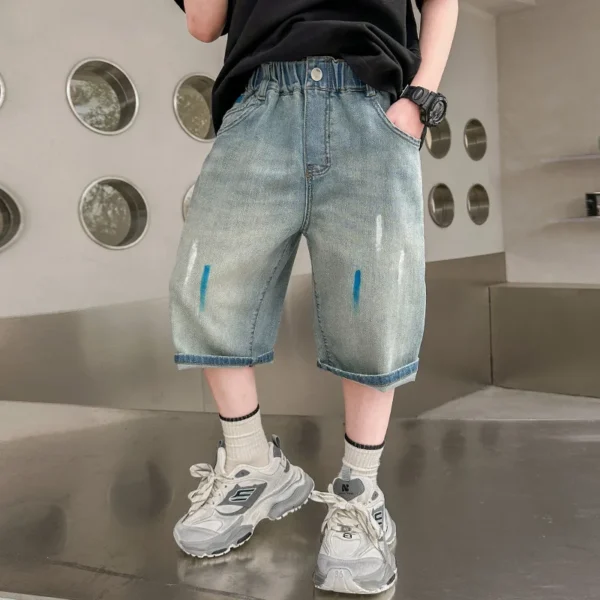 Boys Retro Gothic Denim Shorts For Boys Casual Knee Length short Jeans Teens Child Graffiti Print Summer Shorts with Drawings - Image 2