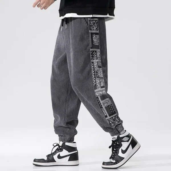 Trousers Chinese Style Printed Stitching Corduroy Men's Casual Pants Autumn Winter New Male Elastic Waist Small Feet Sweatpants