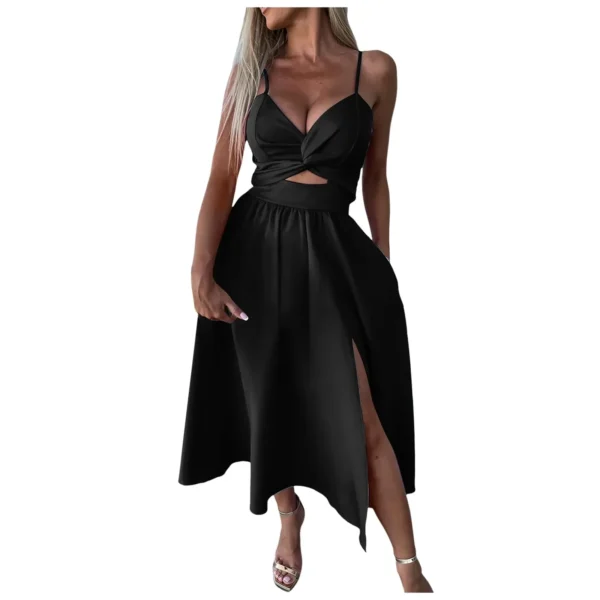 Womens Sexy V-Neck Oversized Strap Dresses Ladies' Fashion Temperament Hollow Out Solid Pleated Slit Evening Cocktail Dresses - Image 3