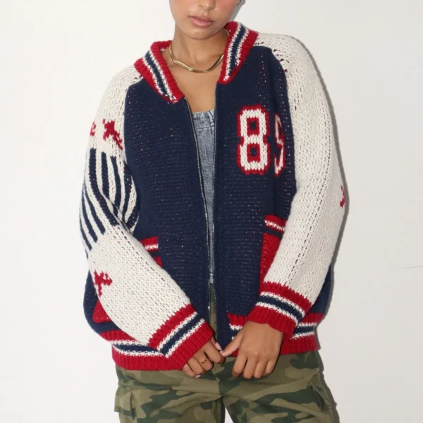 Women Knit Varsity Jacket Oversized Zipper Long Sleeve Letter Print Cardigan Sweater Y2k E-Girls Coats Winter Fall Outerwear - Image 2