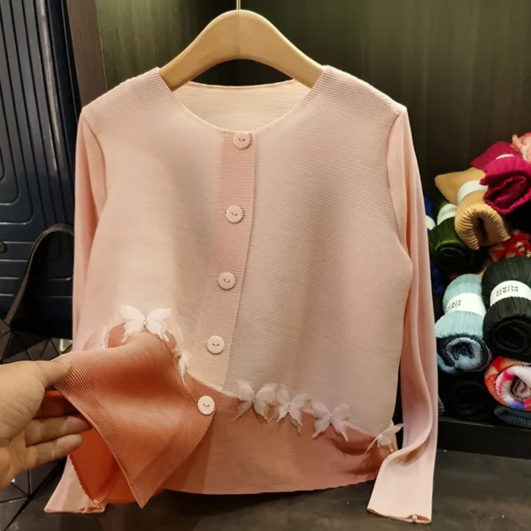 Colorblocking Tops Miyake Round Neck Women's Tops Single Breasted Loose Design Slim Peplum Long Sleeve Cardigan 2025 Summer New - Image 3