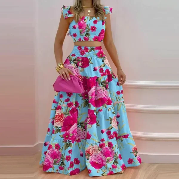 Summer Women Sexy Solid Two Suit Dress Women's Casual Loose Top Maxi Dress 2 Piece Set Female Elegant Holiday Sets