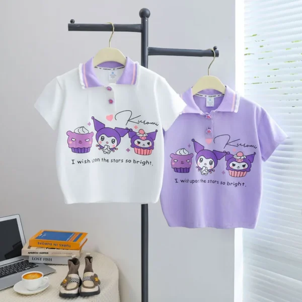 Sanriou Short Sleeve Kuromi T-Shirt Cinnamoroll Polo Shirt Girl Clothing Child Summer Cotton Cartoon College Style Festival Cute