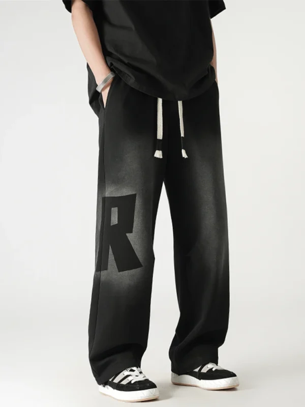 Men's Letter Sweatpants Street Style Retro Distressed Washed Cotton Wide Leg Straight Jogger Pants Casual Loose Sweat Trousers
