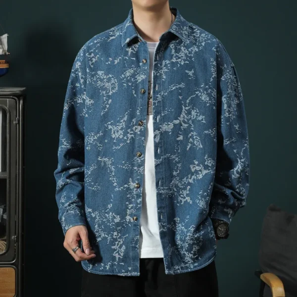 2024 Spring and Autumn New Fashion Printed Long Sleeve Denim Shirt Men's Casual Relaxed Comfortable Breathable Large Size Shirt - Image 5