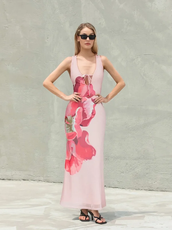 New Sexy Trim Dress For Women Floral Print V Neck Sleeveless Bodycon Dress Backless Cocktail Party Dresses Fashion Clothes - Image 3