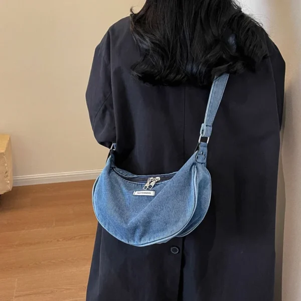 Denim Zipper Ladies Shoulder Bags Casual Sewing Thread 2024 Hot Sale Crescent Crossbody Bags for Women Bolsas Femininas - Image 4