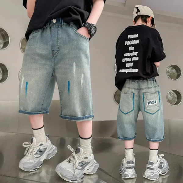 Boys Retro Gothic Denim Shorts For Boys Casual Knee Length short Jeans Teens Child Graffiti Print Summer Shorts with Drawings - Image 4
