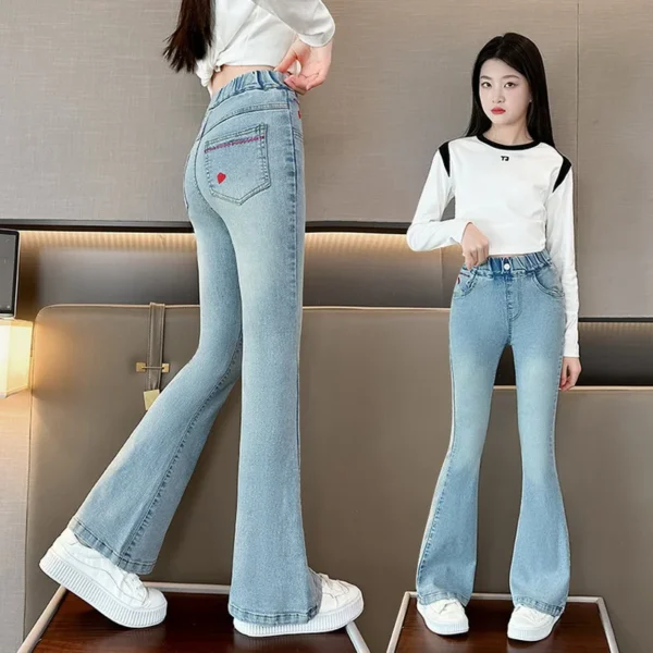 Fashion Jeans for Girls with Heart pocket New Arrvial Kids Vintage Tight Denim Flare Pants Spring Autumn Teenage Slim Trousers