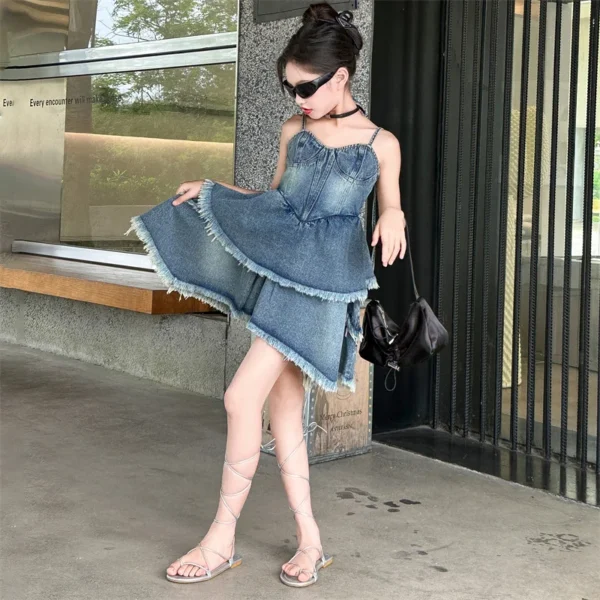 Teen Girls Denim Dresses Summer Sleeveless One-Piece Clothes Kids Jumpsuit Overalls Solid Color Dress Fashion Children's Costume - Image 2