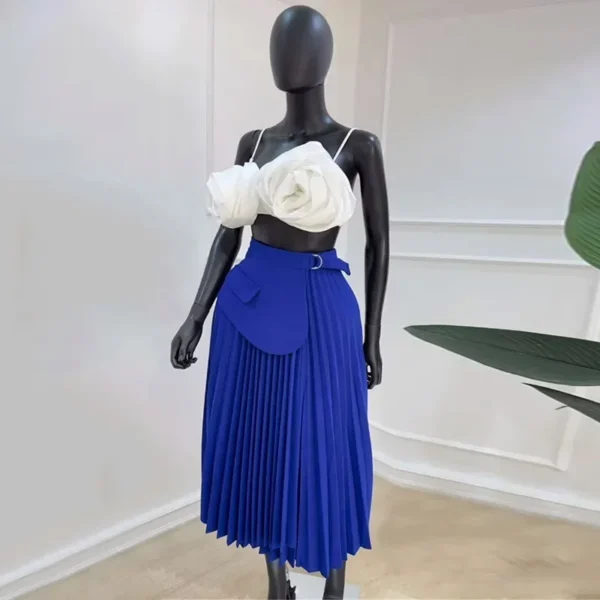 Women Summer High Waist Patchwork Belt Big Swing Pleated Long Maxi Midi Skirt Holiday OL Street Party A-Line Skirts - Image 4