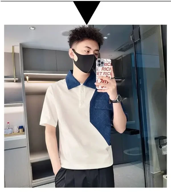 Men Clothing Korean Fashion Contrast Color Patchwork Polo Collar T Shirt Youth Summer Casual Short Sleeve Loose All Match Tops