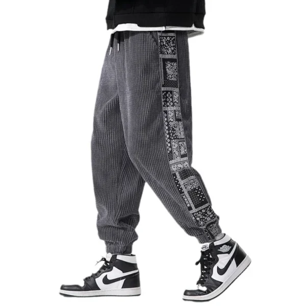 Trousers Chinese Style Printed Stitching Corduroy Men's Casual Pants Autumn Winter New Male Elastic Waist Small Feet Sweatpants - Image 5
