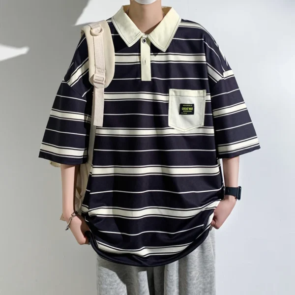 Summer Men's New Fashion Polo shirts Hong Kong Style Youthful Vitality Lapel Striped Button Pockets Half Sleeve Casual Tops - Image 3