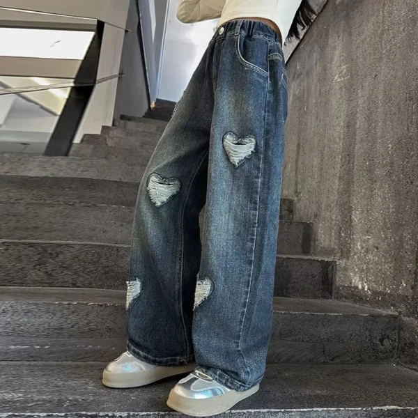 Korean Kids Ripped Jeans with Hearts For Teen Girl Fashion High Waist Teenager Ripped Denim Pants Long Trousers Age 5 To 14 Year - Image 5