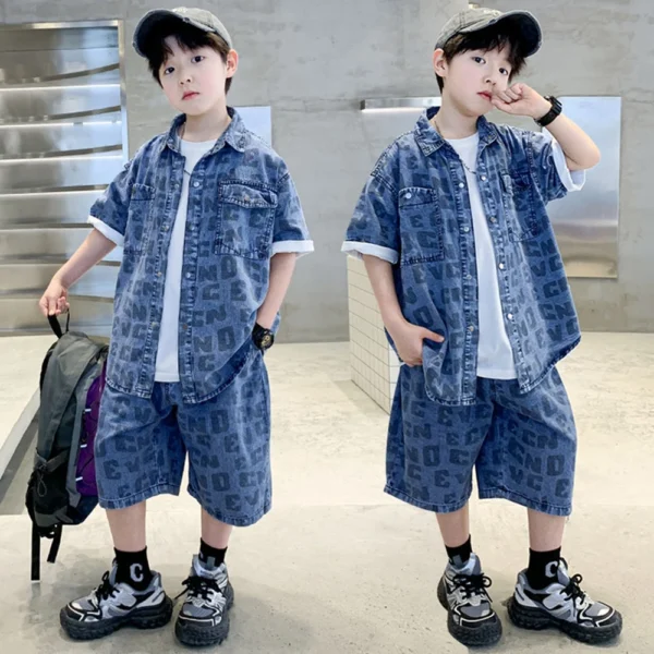 New Summer Boys Casual Clothing Set for Kids Shirt And Short Denim 2 Piece Outfit Set Teens Child Cool Streetwear Suit Wear - Image 5