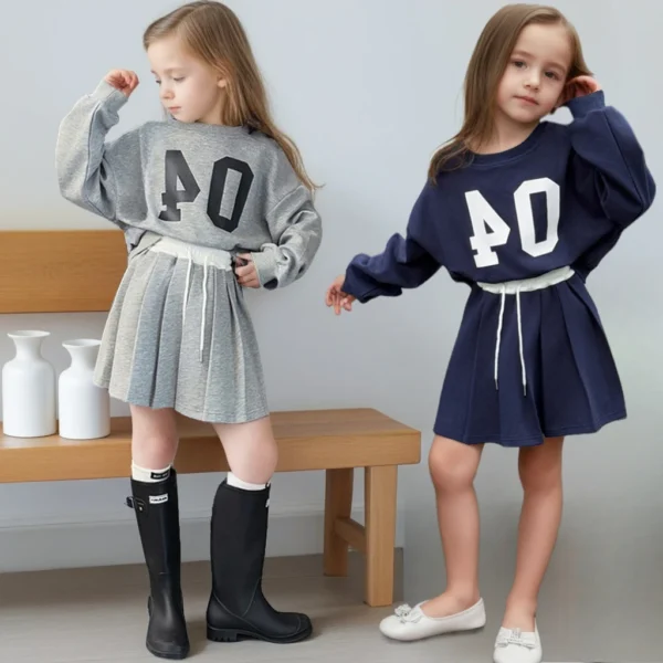 Girls Tracksuit Casual Printed Pullovers Pleated Skirt 2pcs Spring New Children Clothing Set Blue Sport Teen School Kids Outfits