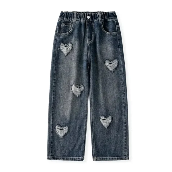 Korean Kids Ripped Jeans with Hearts For Teen Girl Fashion High Waist Teenager Ripped Denim Pants Long Trousers Age 5 To 14 Year - Image 6