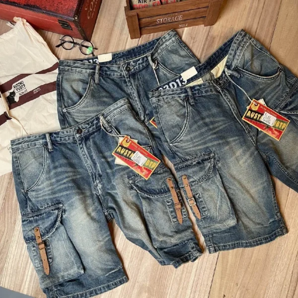Tough Guy Tooling Leather Decorative Pockets Washed Loose Denim Five-point Pants Summer Casual Young Men's Cargo Short Pants - Image 2