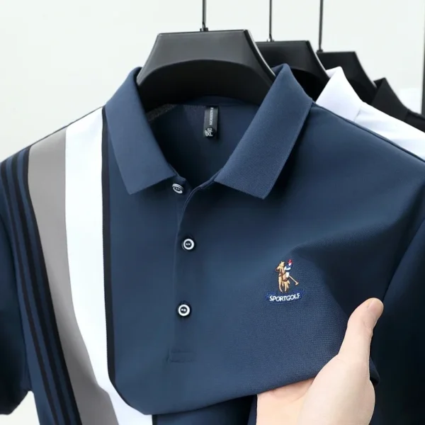 Personality Stripe Decoration Short Sleeve Polo Shirt Men's Summer High-end Brand Embroidery Trend T-shirt Youth Fashion New - Image 2
