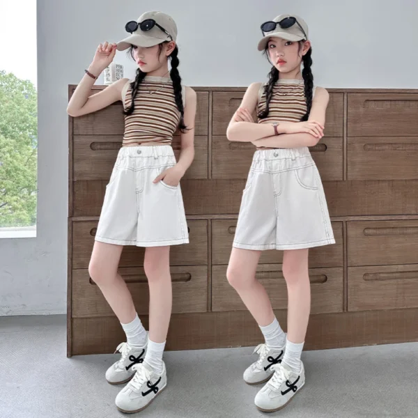 Child Cool Street Knee Short Pants Kids Solid White Denim Shorts Back Pocket with Butterfly for Teen Girls Casual Summer Shorts - Image 4