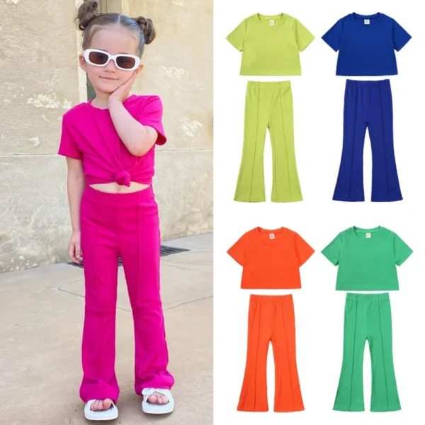2025 Summer Girls Bell Bottom Outfits 2pcs Solid Cotton T-shirt Pants Suit For Children Teenage Girls Fashion Tracksuit Clothes