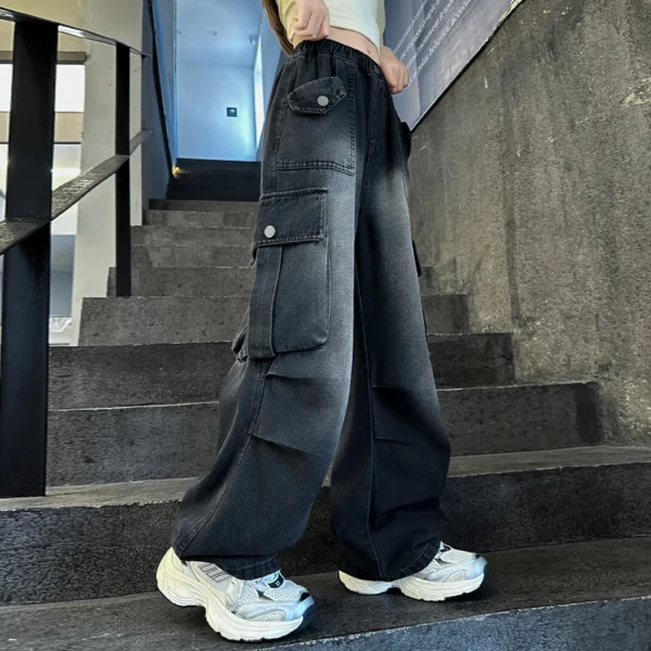 Kids Vintage Distressed Jeans with Pocket For Girls Y2K Fashion High Street Denim Pants Teens Child Baggy Cargo Jeans Trousers - Image 3