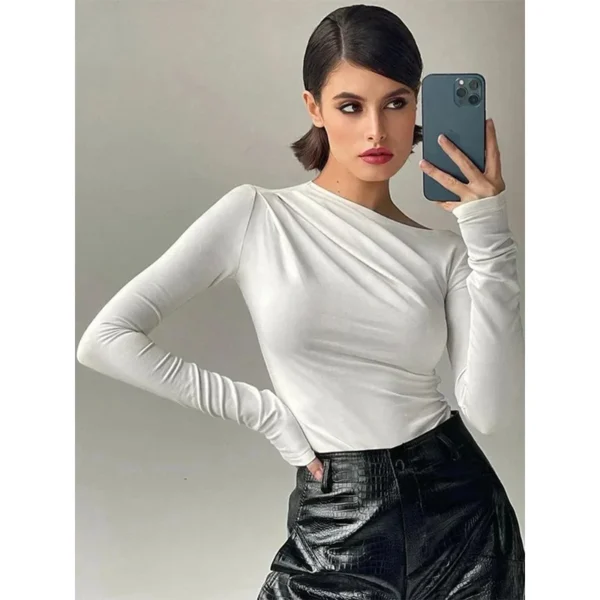 JINIA Women Long Sleeve Crop Top Y2K Basic Tee Solid Skew Neck Pullover Autumn Streetwear Black - Image 2