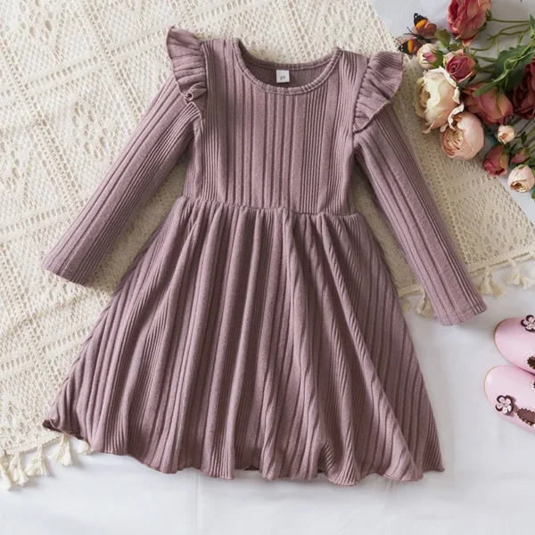2024 New Girls Knitting Wool Long Sleeve Dress Korean Autumn Girls Baby Ruffle Knit Rib Princess Sweater Dress Casual Clothes - Image 3